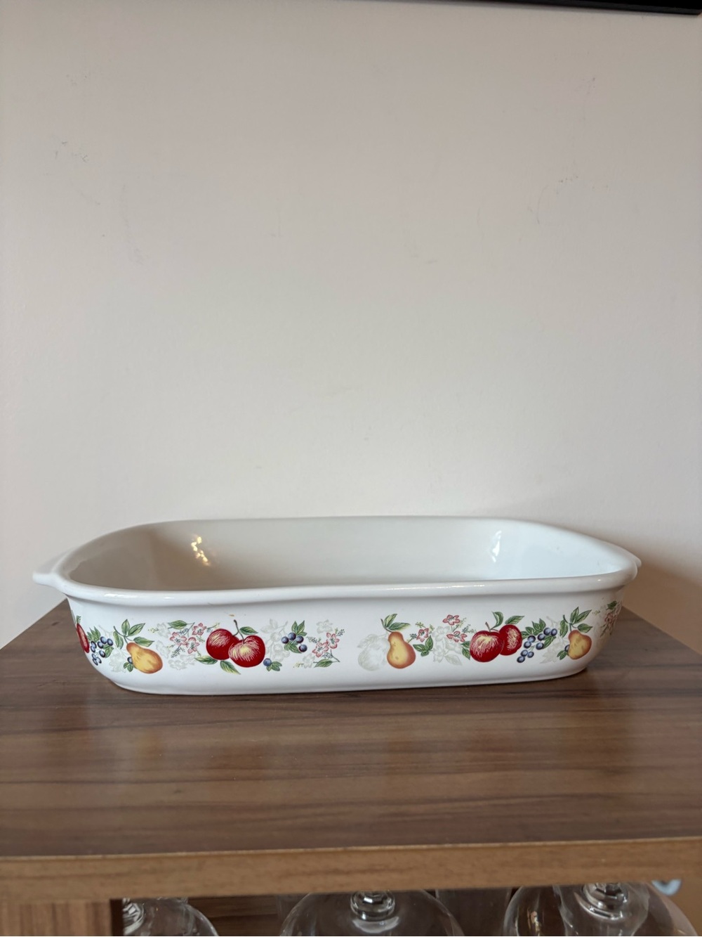 Corelle White Ceramic Baking Pan with Red and Yellow Fruit Motif